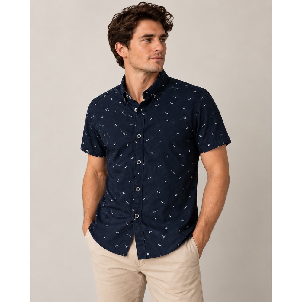 Denim & Flower Ricky Singh Navy Blue Seagull Print Short Sleeve Shirt Size 7